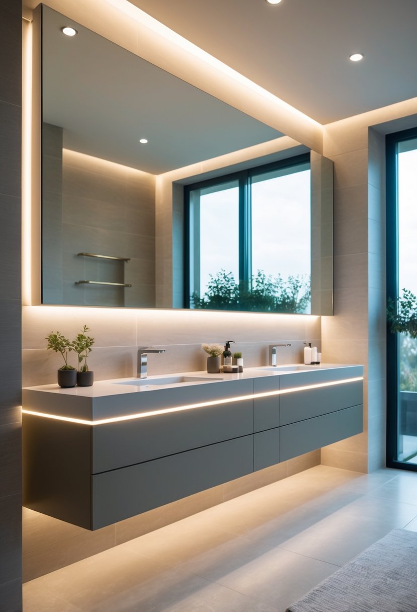 v2 15qtww 630rt A modern bathroom with wall-mounted floating vanities featuring integrated LED lighting beneath them.