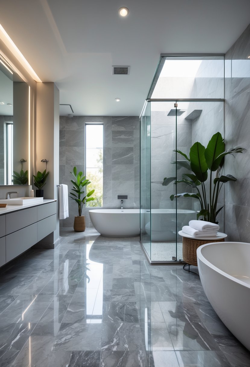 v2 15qtxb 1kh9p A modern bathroom with gray marble floor tiles, a freestanding bathtub, glass shower, and minimalist decor.