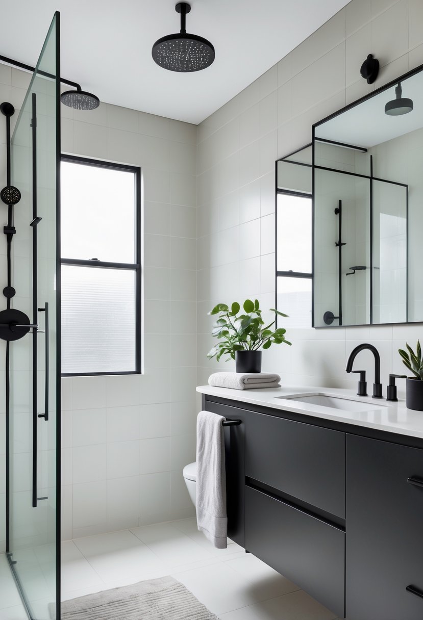 v2 15qtxq gw08q A modern bathroom with matte black fixtures including a faucet, showerhead, and towel racks, featuring light tiles and a minimalist vanity.