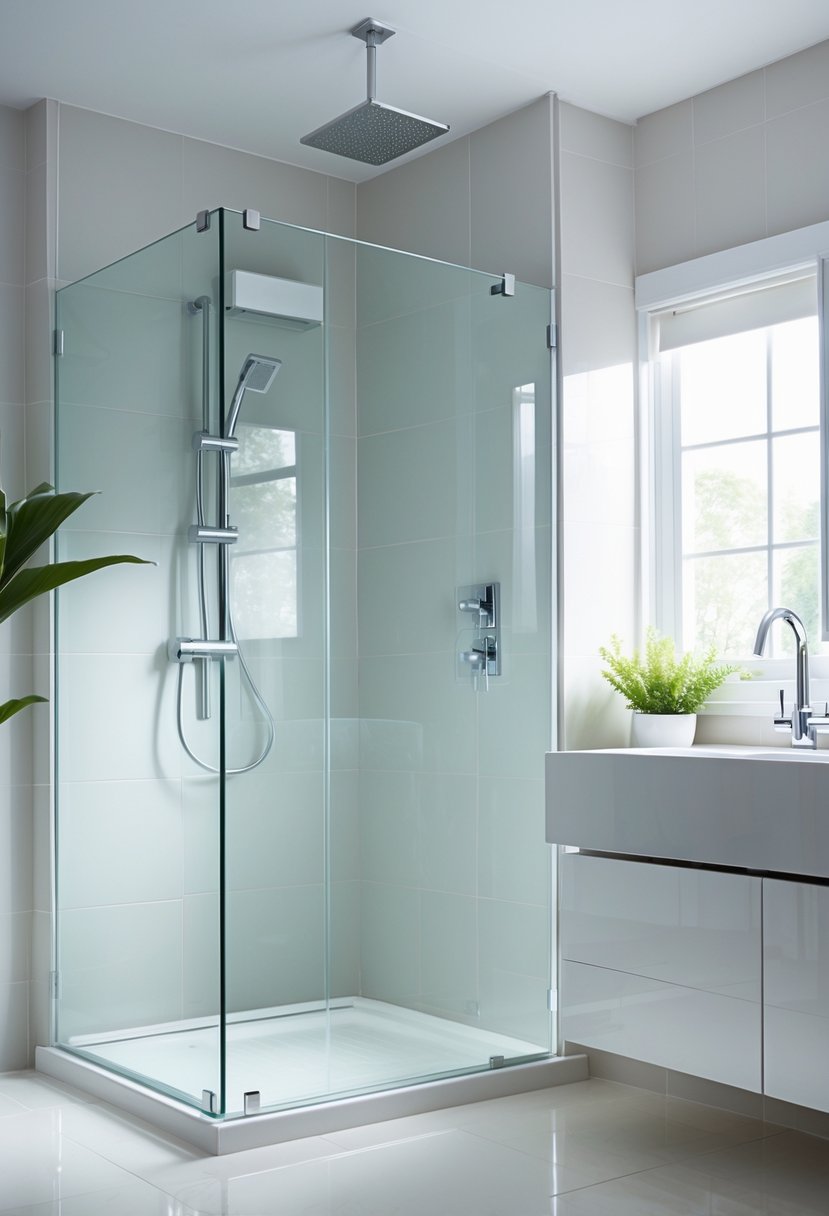 v2 15qty4 6fepe A bright bathroom with a glass walk-in shower featuring frameless doors, a white vanity, and a small potted plant.