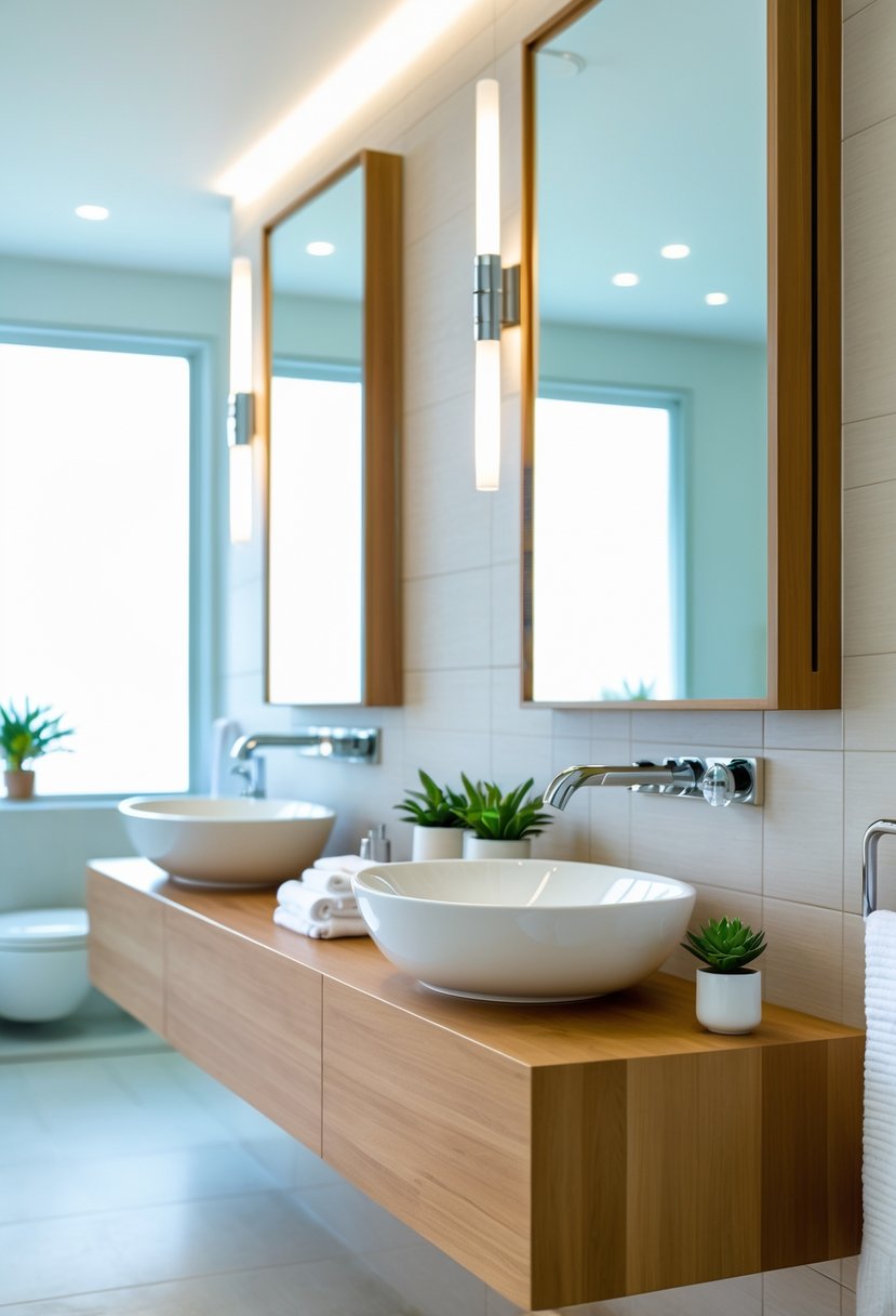 v2 15qtyh y12ui A bathroom with several wall-mounted vessel sinks on a wooden floating vanity, mirrors above each sink, and decorative plants.