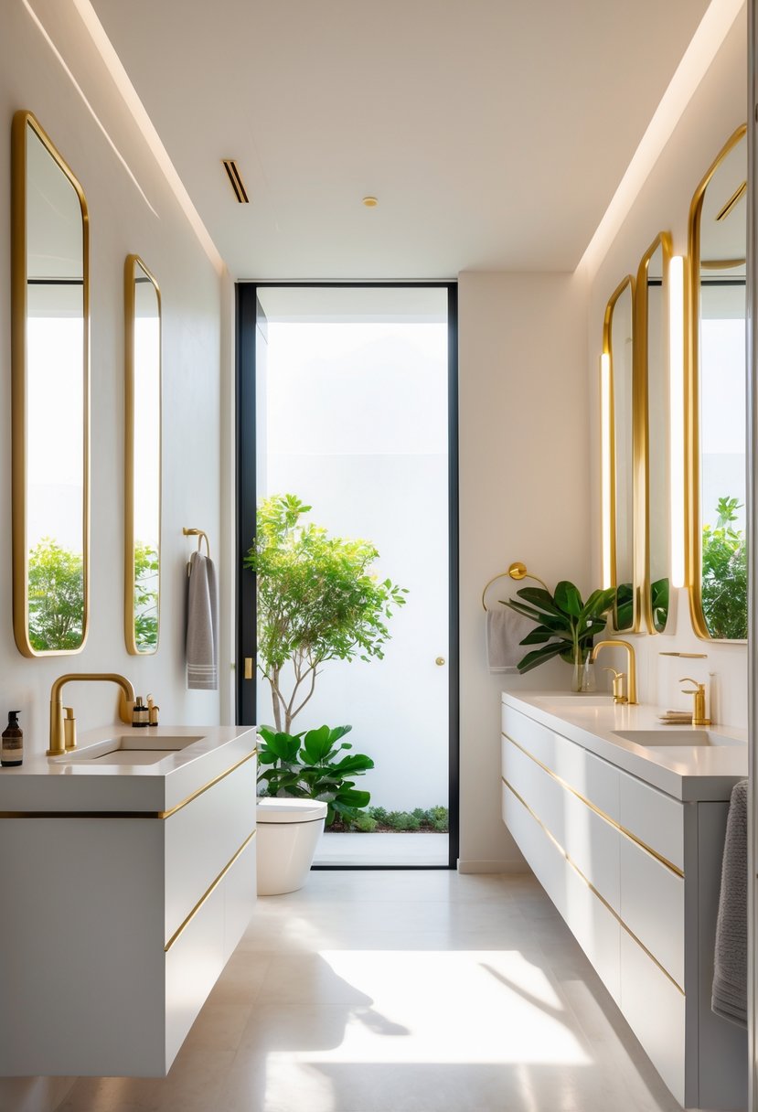 v2 15qtyu wpop8 A modern bathroom with gold-framed mirrors above a white vanity and a sink, illuminated by natural light.