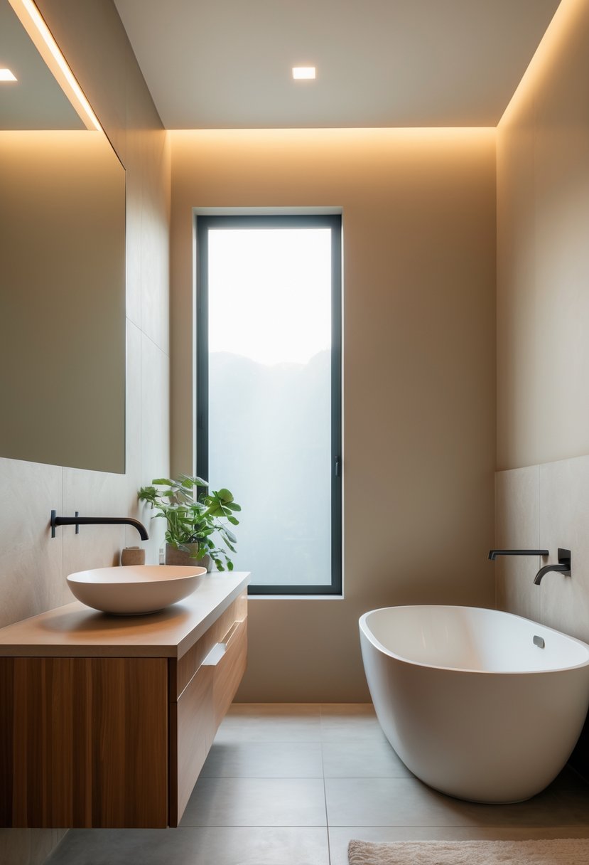 v2 15qtz5 r77o9 A modern bathroom with a wooden vanity, large mirror, white sink, freestanding bathtub, and natural light coming through a window.