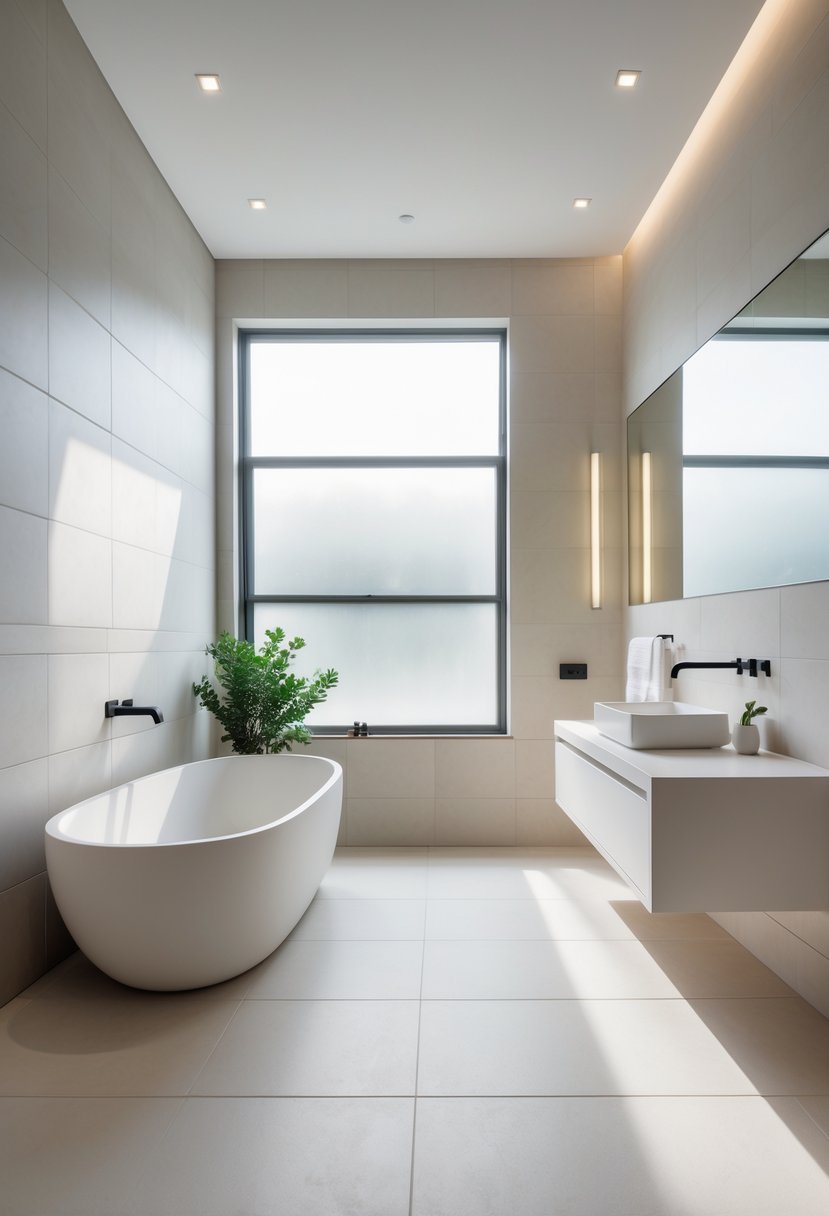 v2 15qtzj ocpqg A modern bathroom with large porcelain tiles, a freestanding bathtub, floating vanity, and natural light coming through a window.