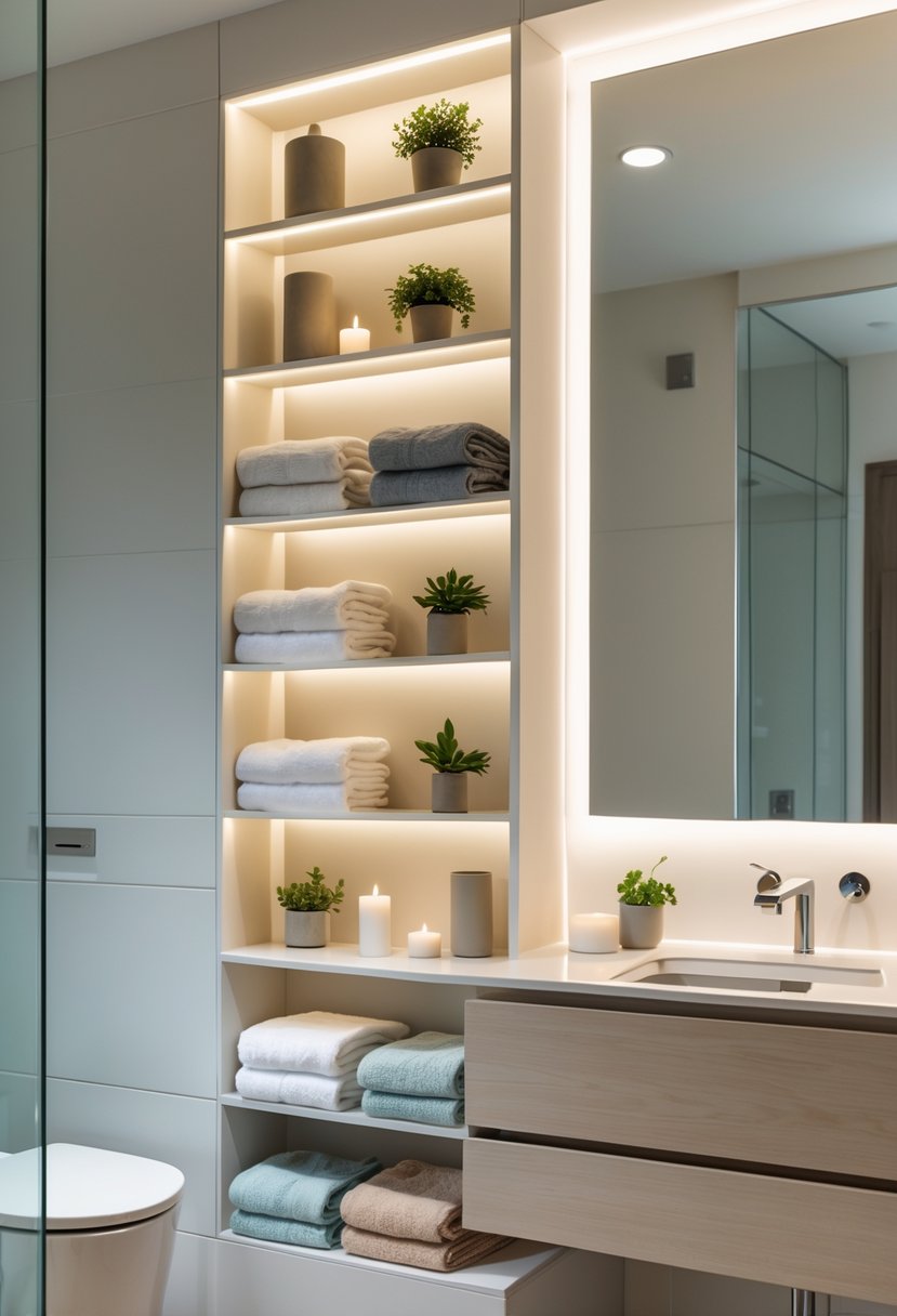 v2 15qtzx ya5ns A bathroom with built-in open shelves holding towels and decorative items.