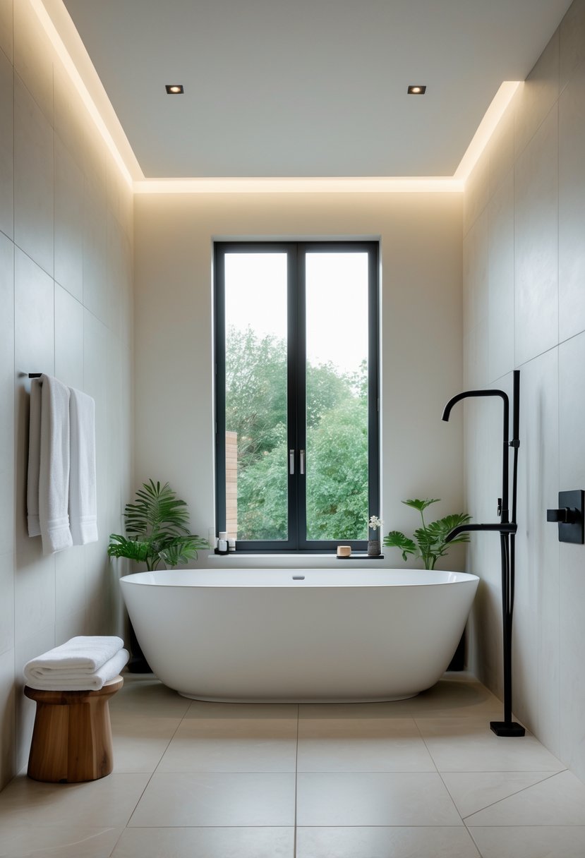 v2 15qu0c A spacious bathroom with a white freestanding soaking tub near a large window, surrounded by plants and towels.