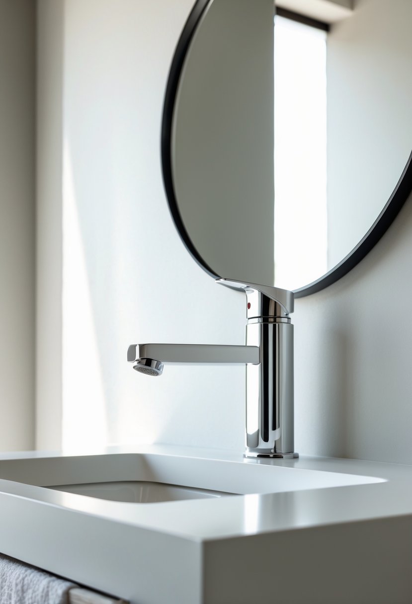 v2 15qu0o A bathroom sink with a single-handle faucet on a white countertop and a round mirror in the background.