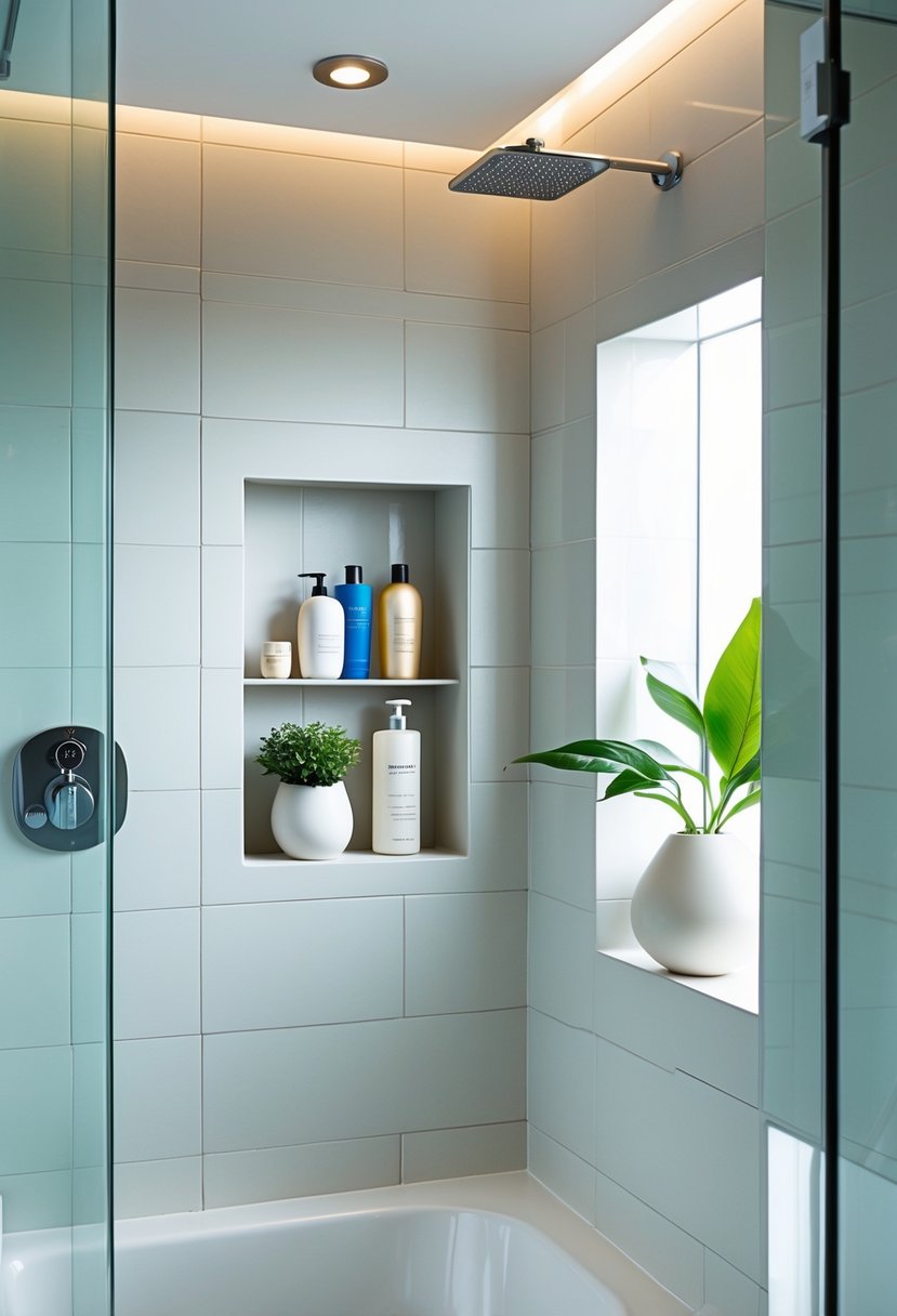 v2 15qu0y A bathroom shower area with a recessed niche holding bath products and a small plant.