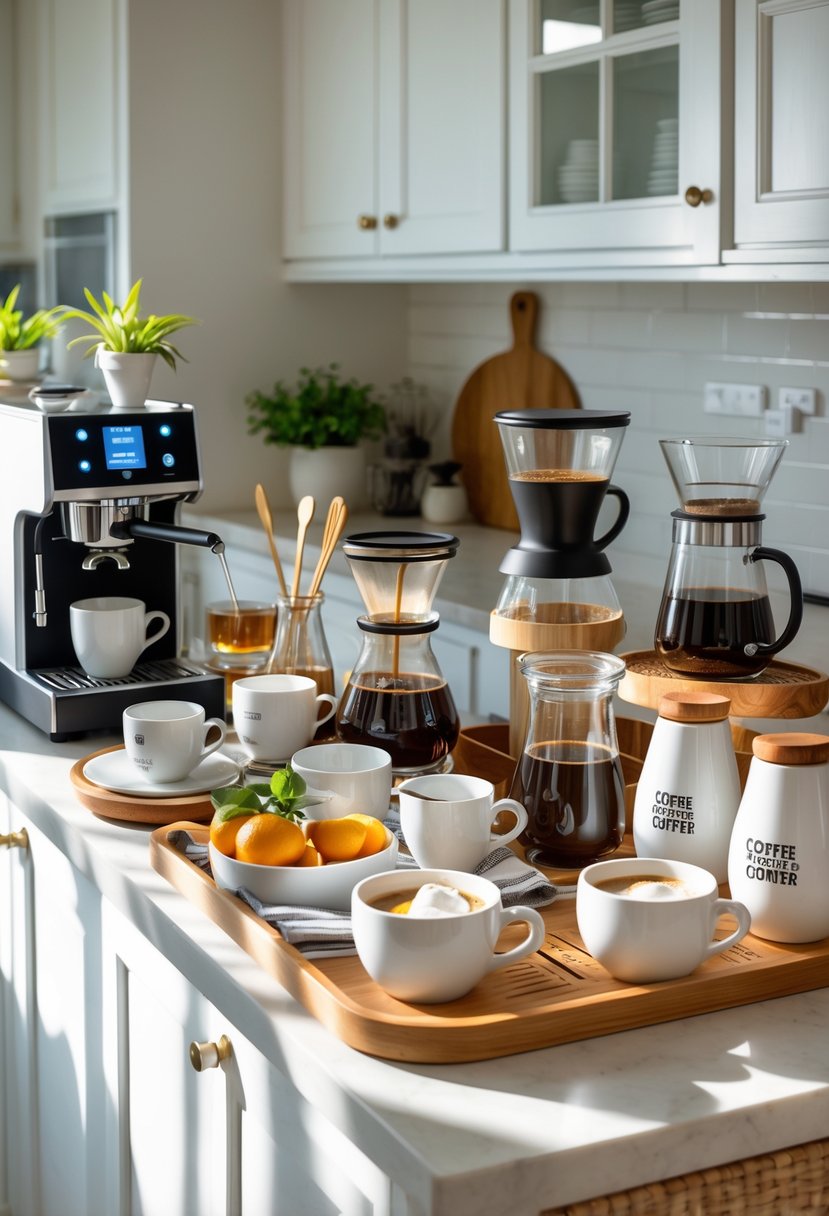 v2 15sm93 hgsar A kitchen counter arranged as a coffee bar with multiple coffee makers, mugs, jars, plants, and accessories in a modern kitchen setting.