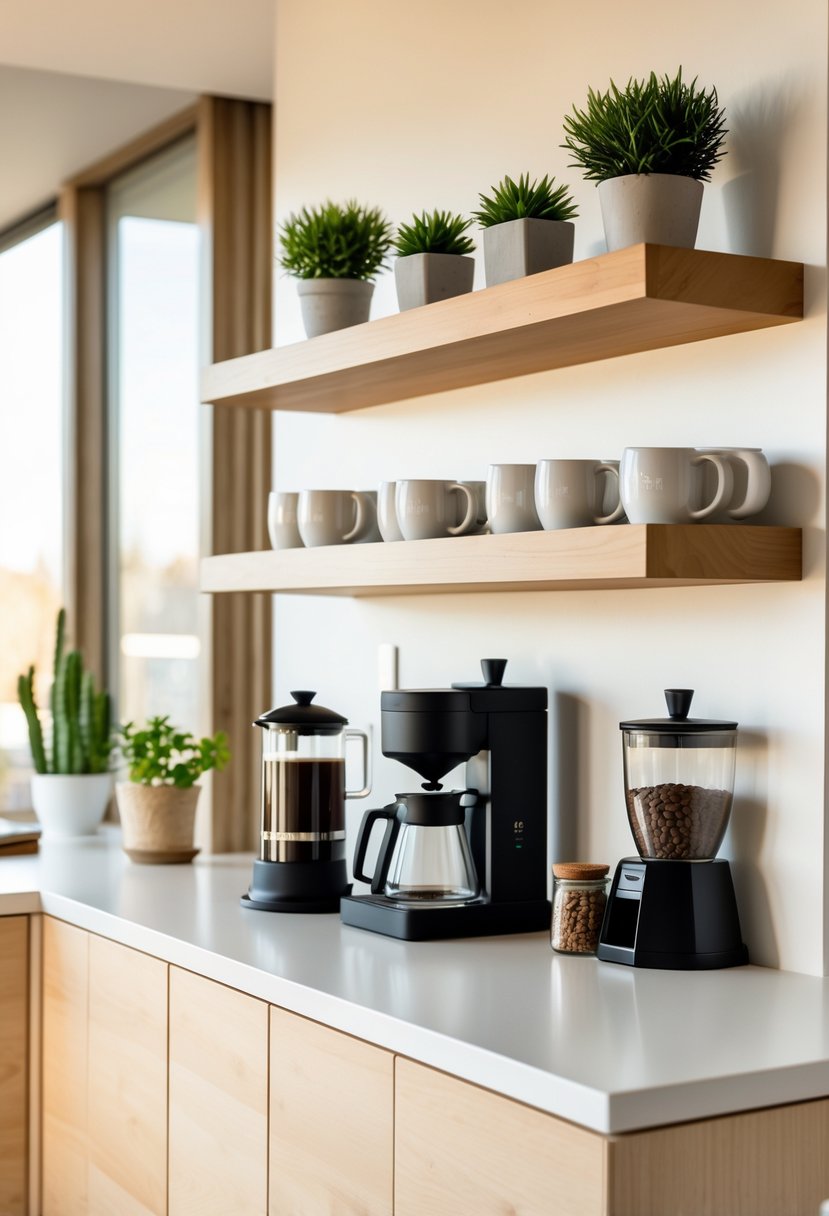 v2 15sm9i 4dgry A kitchen counter with floating shelves above holding coffee mugs, plants, and coffee accessories.