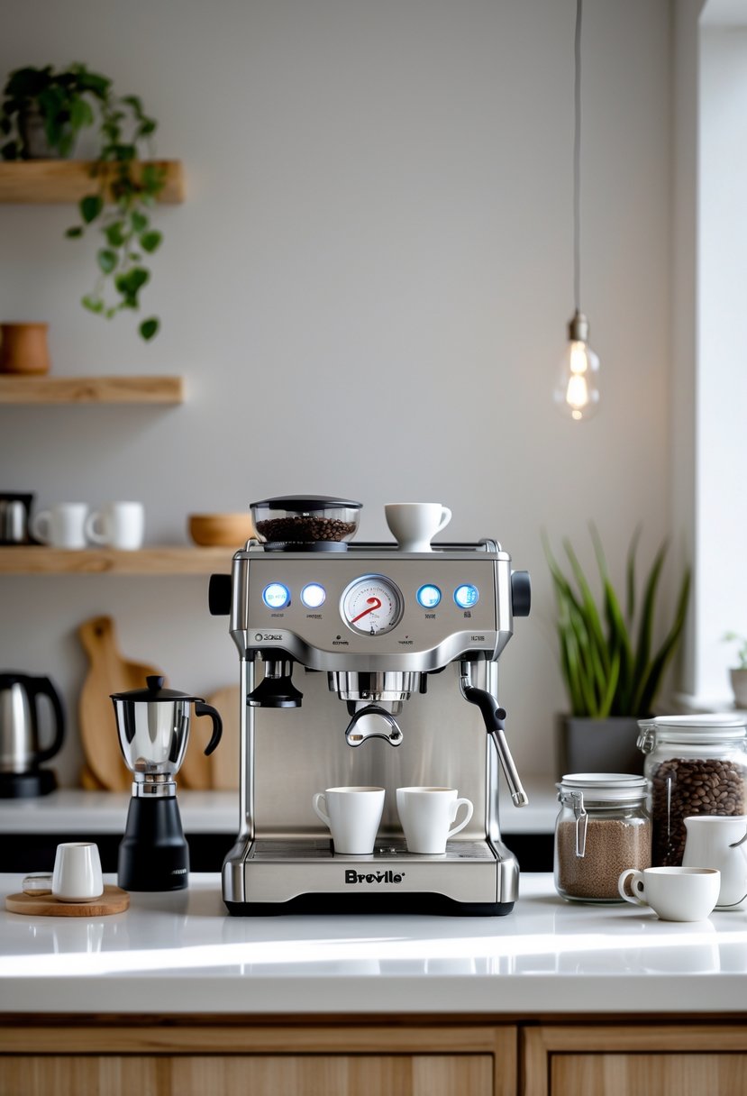 v2 15sm9s 6bv2r A kitchen counter with a compact espresso machine and coffee accessories arranged neatly around it.