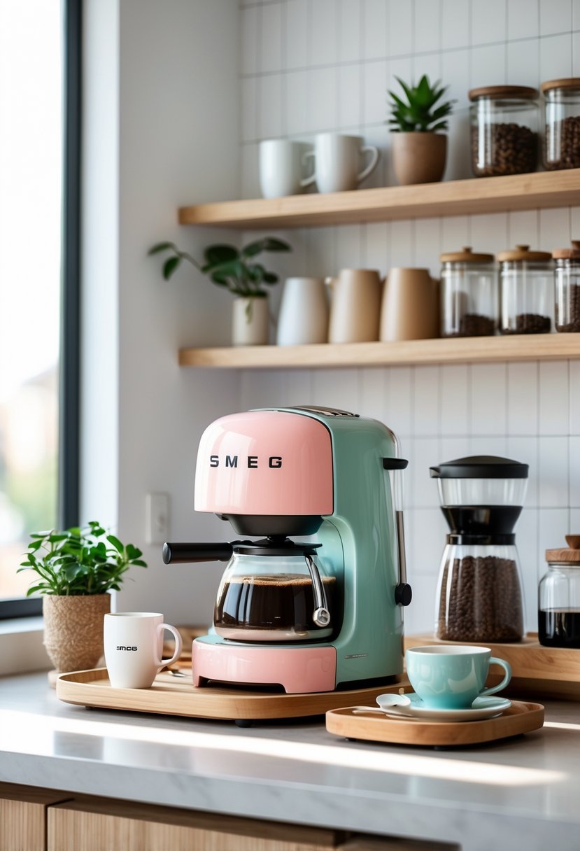 v2 15sma9 7ll3j A kitchen counter with a retro-style SMEG coffee maker, coffee mugs, jars of coffee beans, a small plant, and coffee accessories arranged neatly.