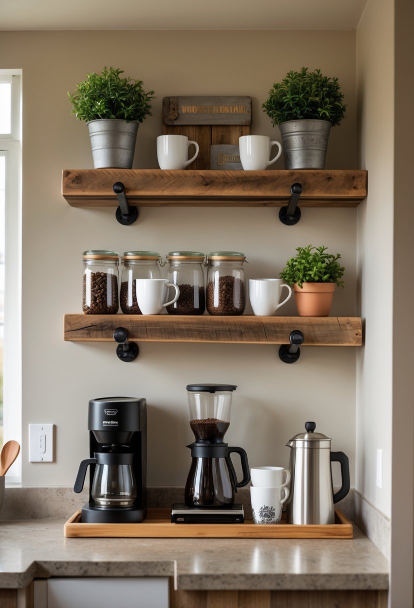 v2 15sman kw4ip A kitchen coffee nook with wooden shelves holding mugs, jars, and plants above a counter with a coffee machine and accessories.