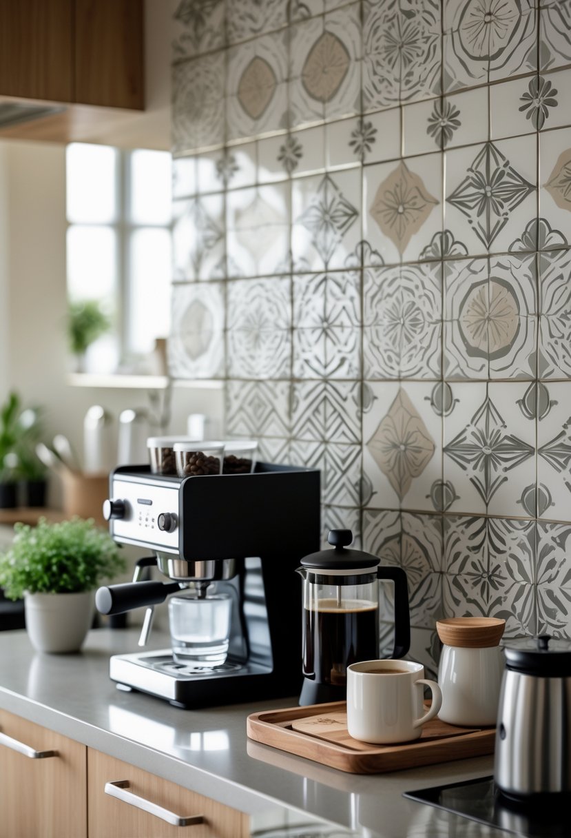 v2 15smb1 8amv7 A kitchen coffee station with a patterned tile backsplash, coffee machine, mugs, and coffee accessories on the counter.