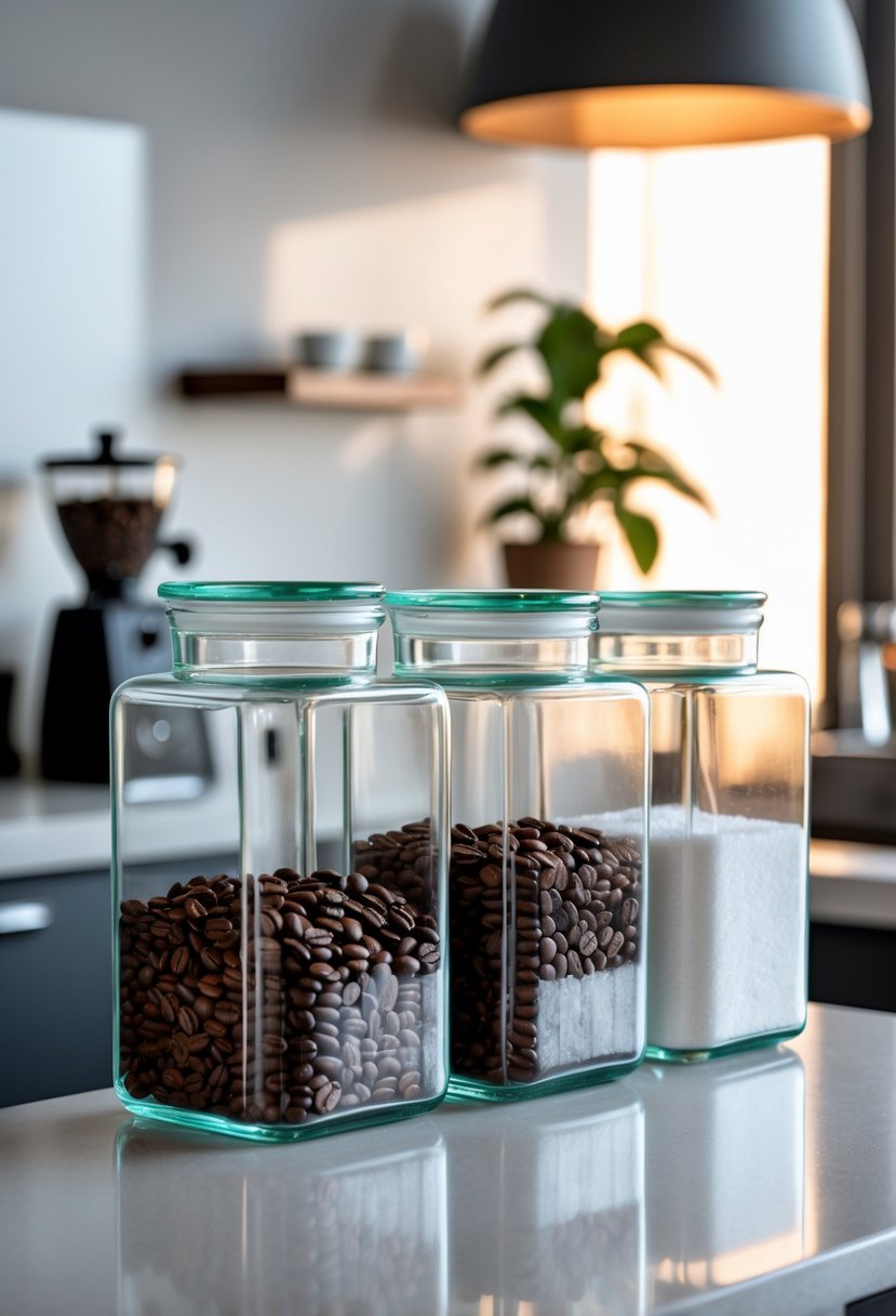 v2 15smbf inesc Clear glass jars filled with coffee beans and sugar arranged on a kitchen counter with coffee-making items in the background.
