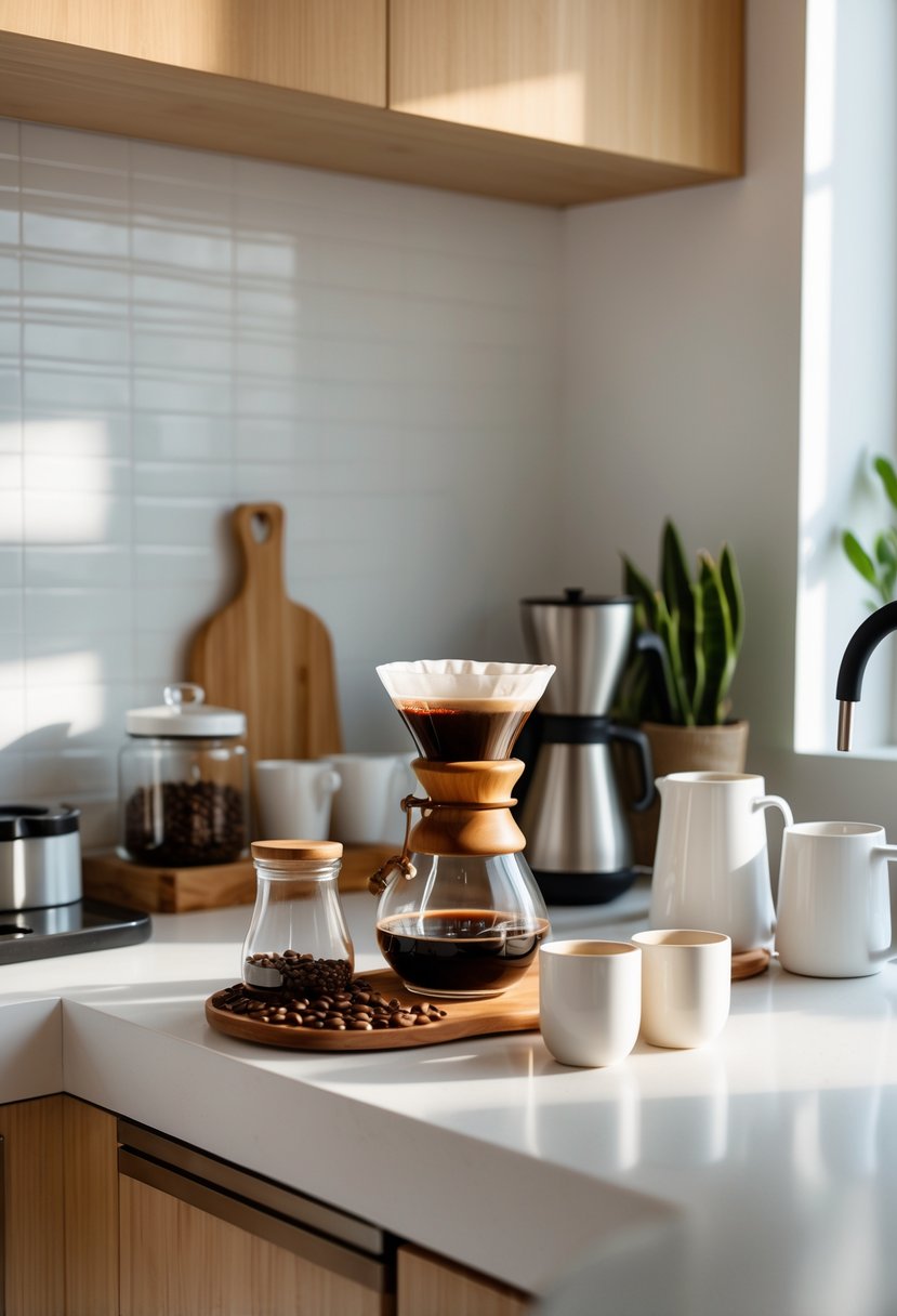 v2 15smbs 2y1mj A kitchen counter coffee bar with a Chemex drip coffee maker, mugs, jars of coffee beans, and a kettle arranged neatly.