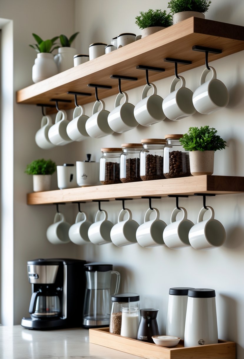 v2 15smc8 n36to A kitchen coffee bar with ceramic mugs hanging on hooks under floating shelves above a tidy counter with coffee accessories.