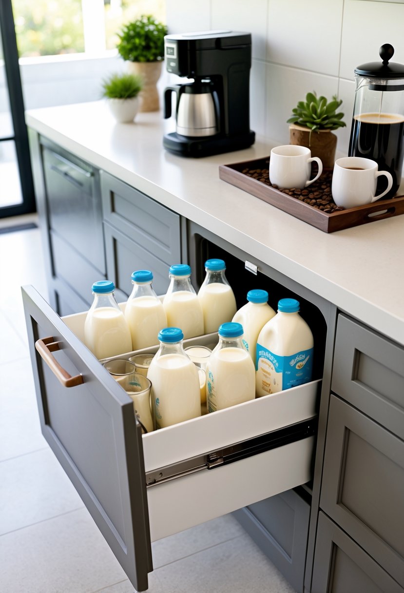 v2 15smck eve5r A kitchen counter with a built-in compact refrigerator drawer open, showing bottles and cartons of milk and cream, surrounded by coffee bar accessories.
