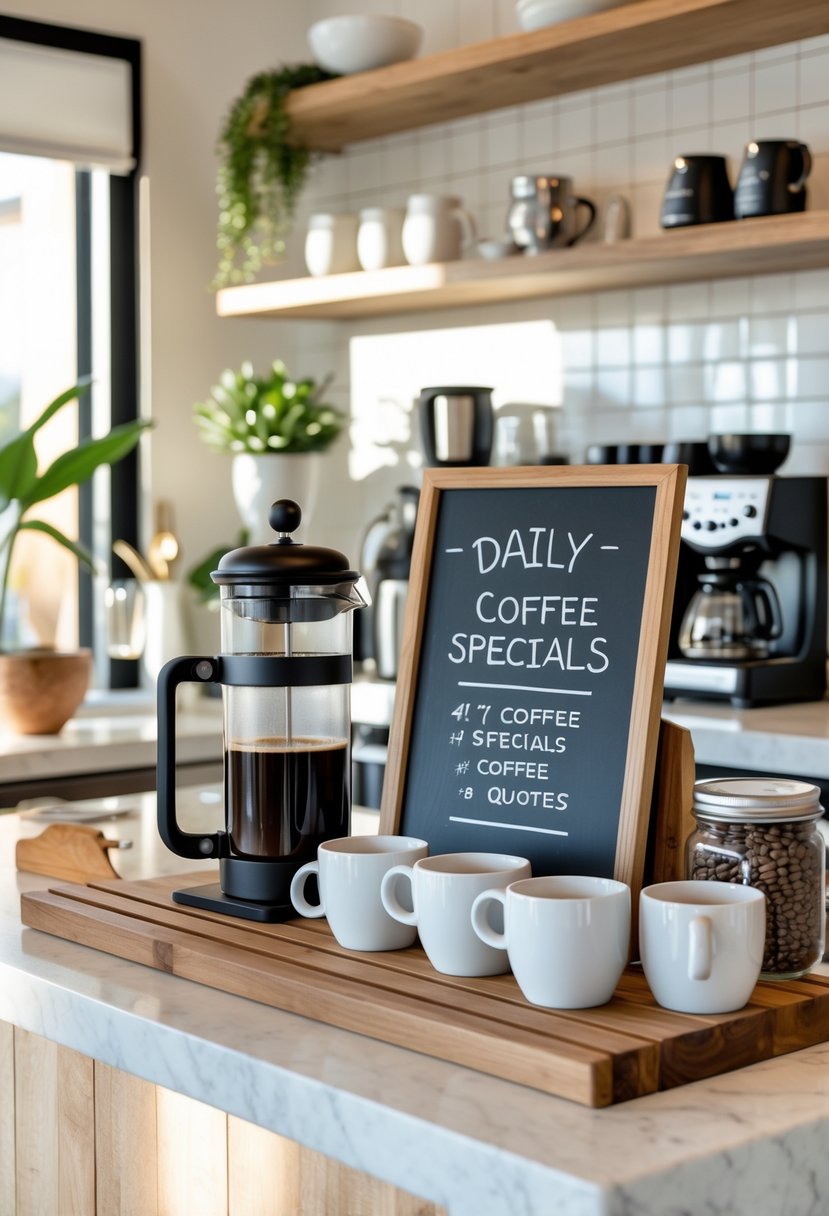 v2 15smcy p58s4 A kitchen counter with a coffee bar setup including coffee mugs, a French press, coffee jars, and a blank chalkboard sign.