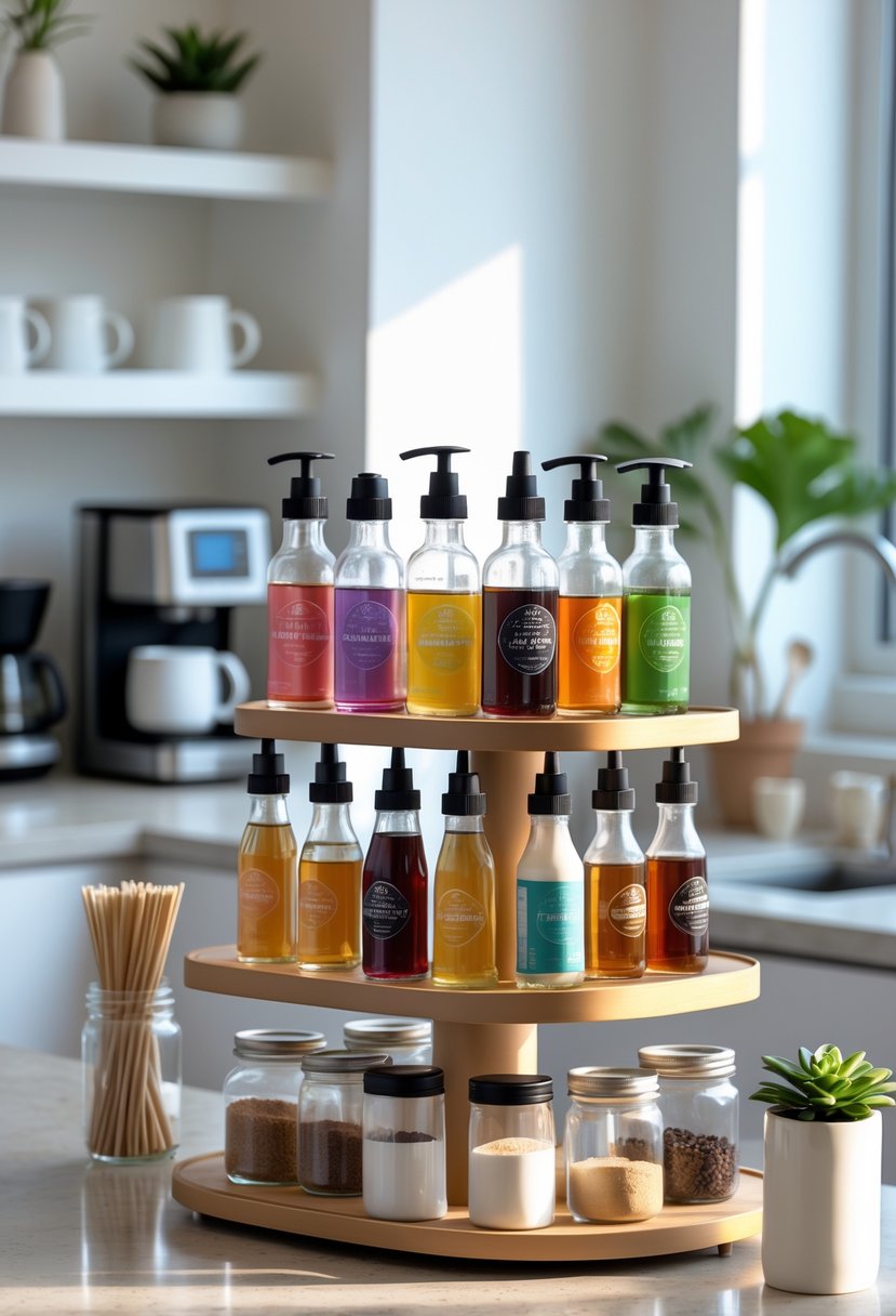 v2 15smdb fdhzu A kitchen counter coffee bar with a tiered stand holding syrup bottles and sweeteners, surrounded by coffee accessories.