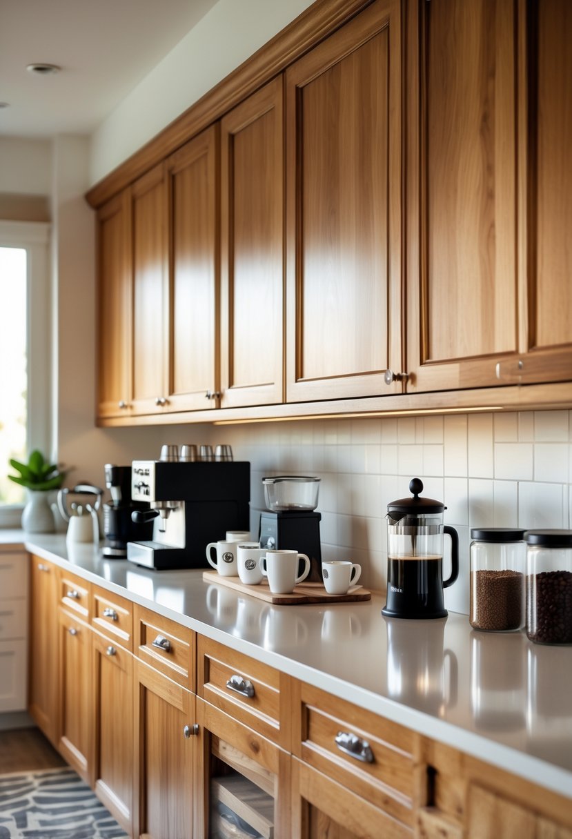 v2 15smdq zyk3i A kitchen coffee bar with warm wood cabinets and a counter displaying coffee-making equipment and accessories.