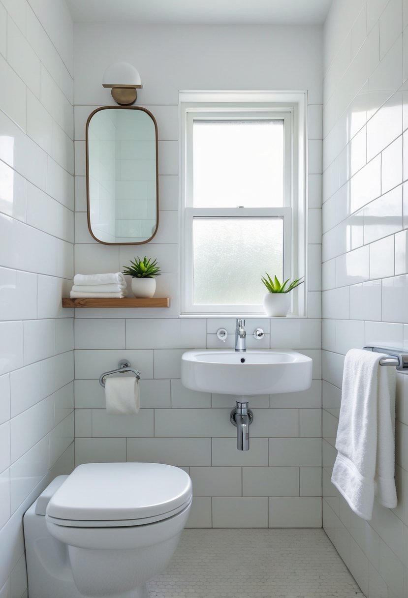 v2 15smxl quz9w A small half bathroom with a wall-mounted toilet, pedestal sink, mirror, wooden shelf with a plant, and natural light from a frosted window.