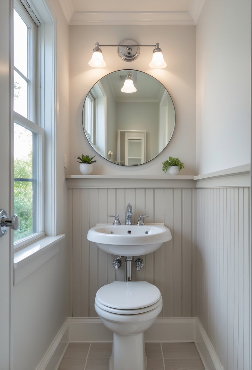 v2 15smy1 8y17s Small half bathroom with painted wainscoting, a pedestal sink, round mirror, and a small potted plant.