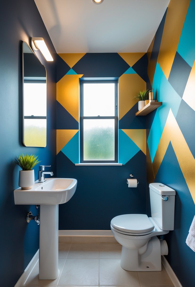 v2 15smyd m91ak Small half bathroom with a pedestal sink, toilet, and bold geometric patterned wallpaper on one wall.