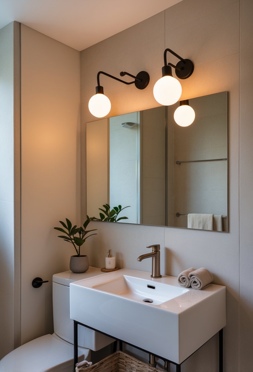 v2 15smys d0g29 A small half bathroom with warm globe light fixtures above a mirror, a modern sink, and a compact vanity.