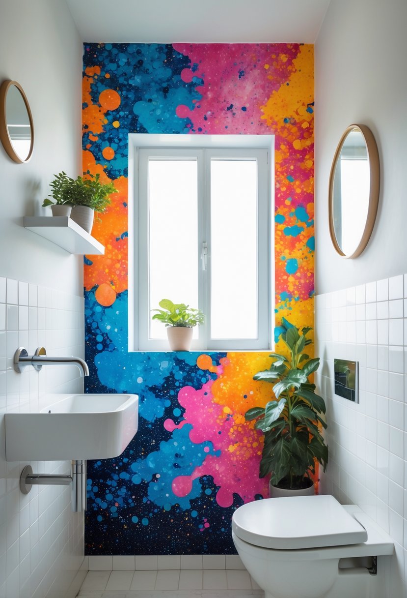 v2 15smz6 8tbzh Small half bathroom with a colorful mural on one wall, a wall-mounted sink, and a toilet in a bright, clean space.