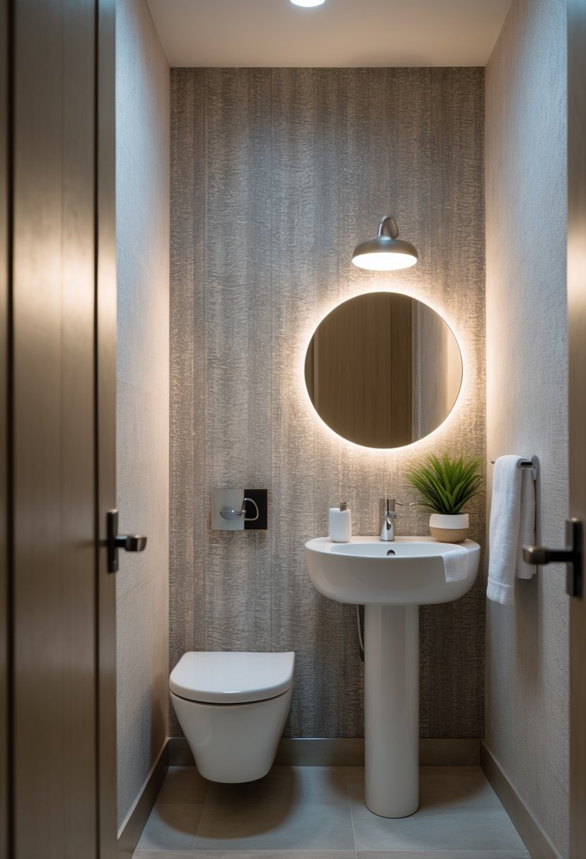 v2 15smzl tbp2o A small half bathroom with textured wallpaper, a pedestal sink, round mirror, and simple accessories.