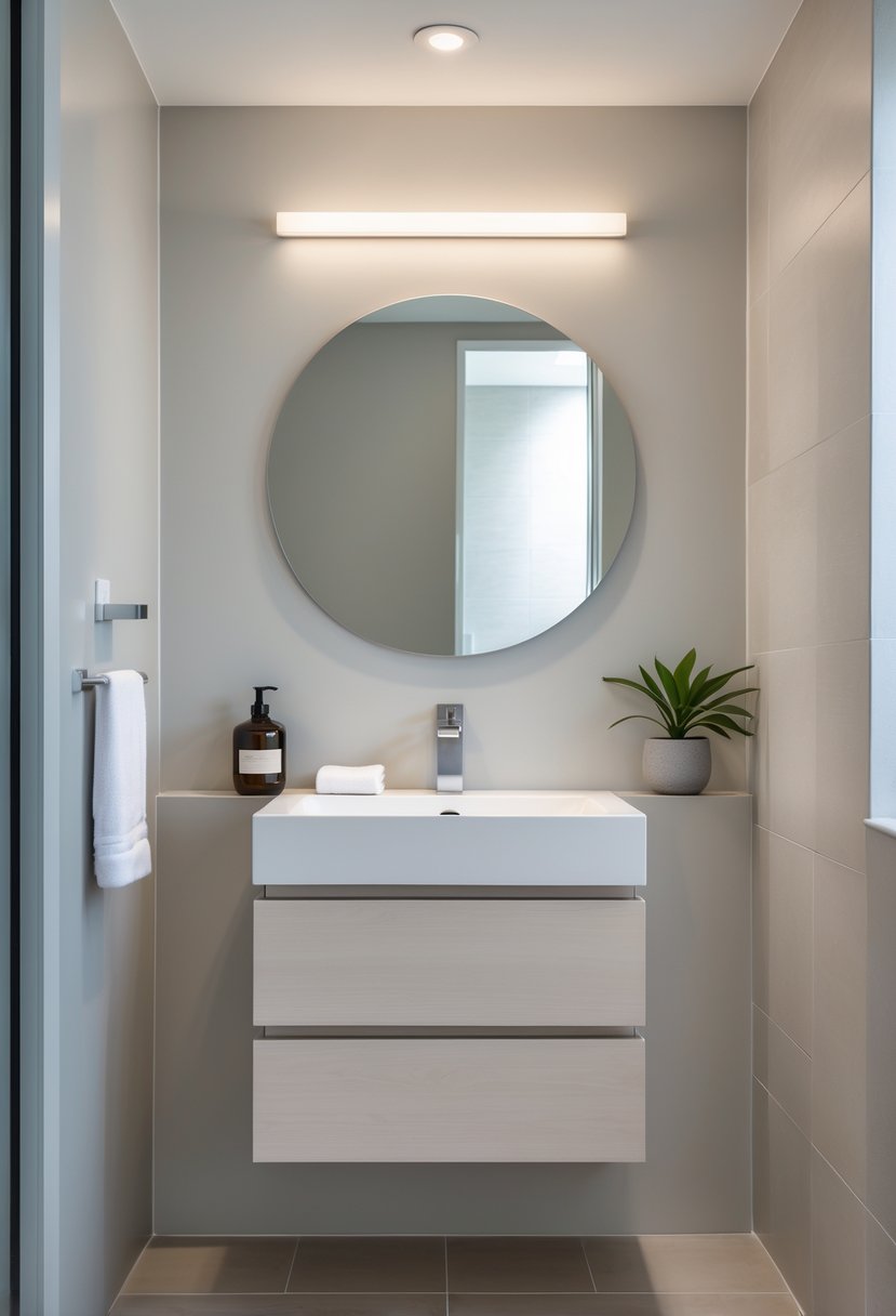 v2 15smzz e8rsk Small half bathroom with a wall-mounted floating vanity, sink, mirror, and minimal decor.