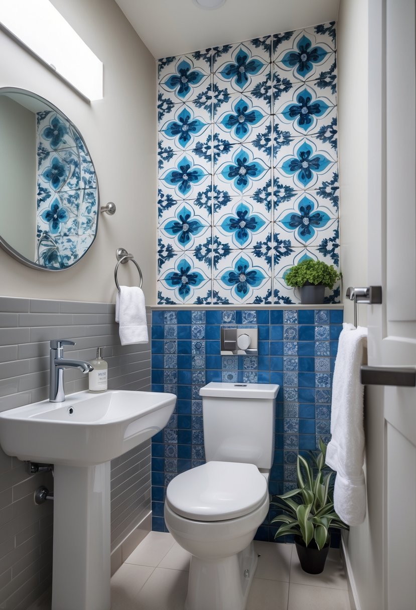 v2 15sn0e Small half bathroom with a pedestal sink and colorful patterned tile backsplash behind it, a round mirror, and a small green plant.