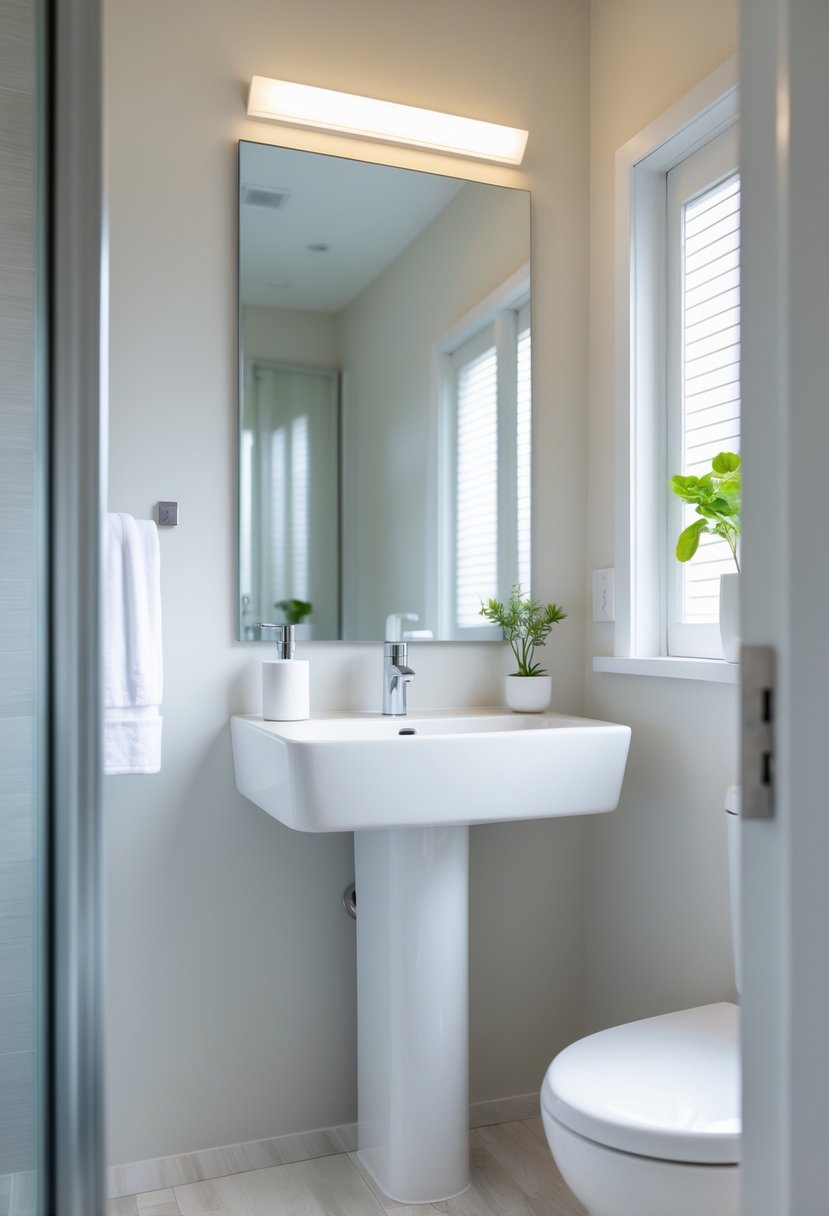 v2 15sn0t ja98b Small half bathroom with a compact white pedestal sink, mirror, and a small potted plant on a shelf.