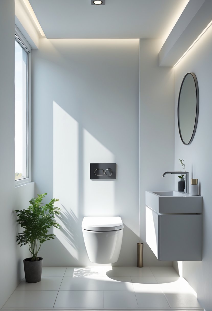 v2 15sn19 c0gwt Small half bathroom with a wall-mounted toilet, floating vanity, round mirror, and tiled floor.
