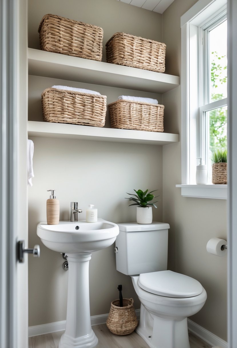 v2 15sn1l 0yi7a Small half bathroom with open shelves holding woven baskets above a white sink.