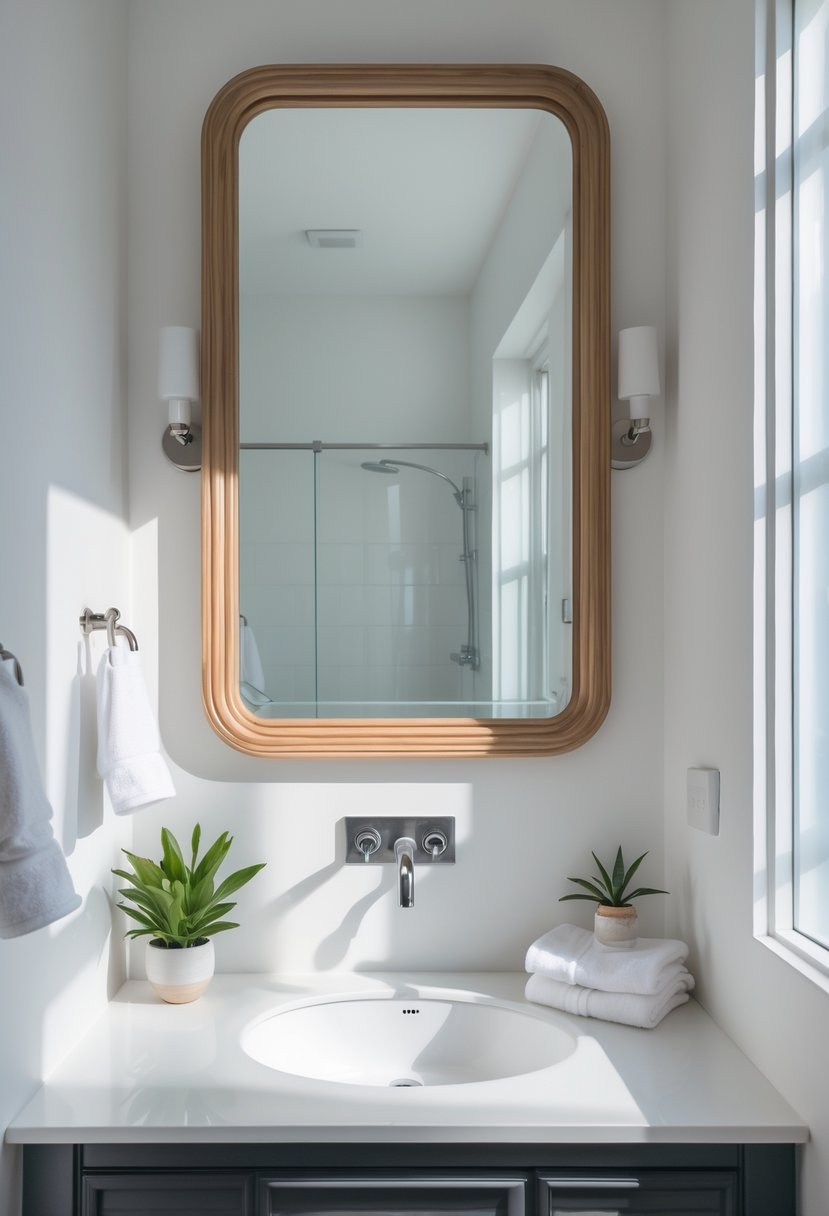 v2 15sn21 1qato A small half bathroom with a large framed mirror above the sink, bright walls, and simple decor.