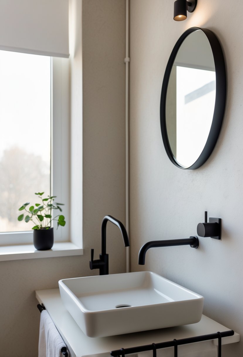 v2 15sn2d shkks Small half bathroom with a white sink, matte black faucet and towel rack, round mirror, and a small green plant on the countertop.