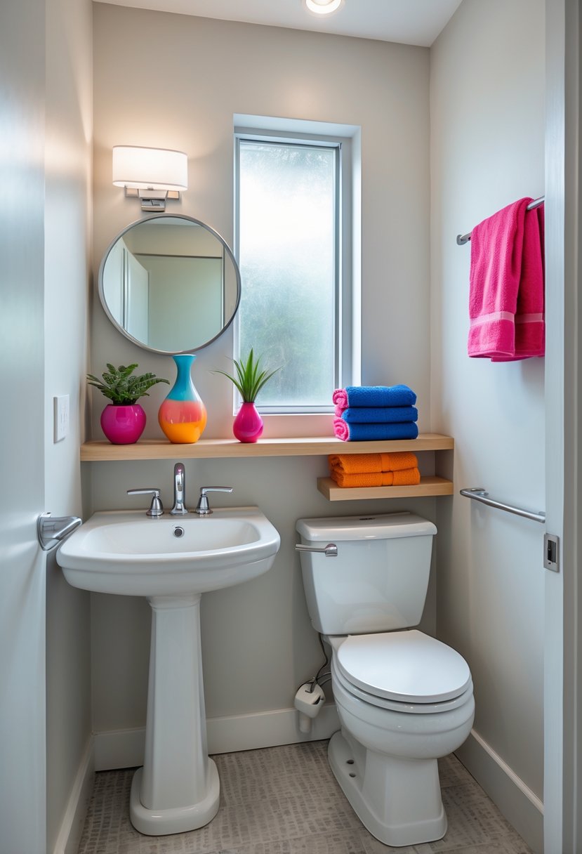 v2 15sn31 799ci A small half bathroom with a white pedestal sink, round mirror, wooden shelf with colorful accessories, and natural light coming through a frosted window.