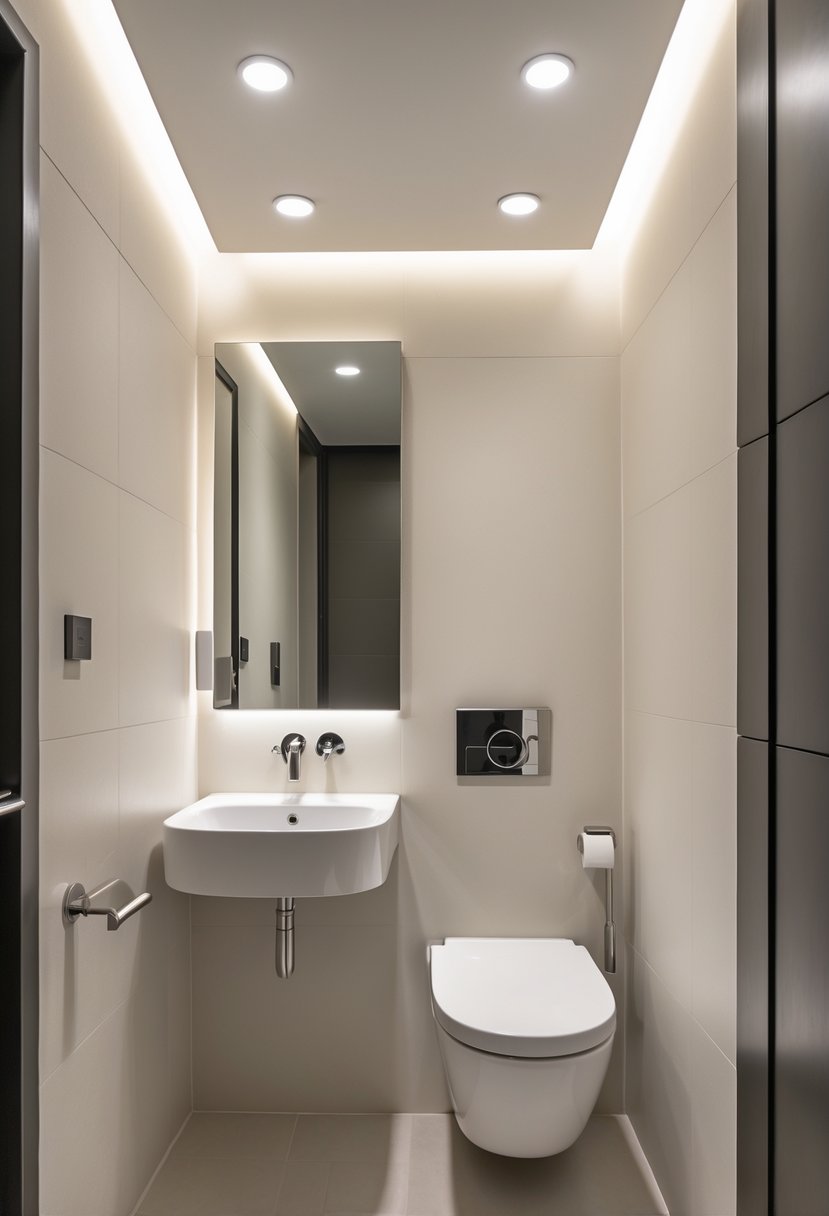 v2 15sn3g 6vdki Small half bathroom with recessed ceiling lights, a wall-mounted sink, and a toilet in a bright, compact space.