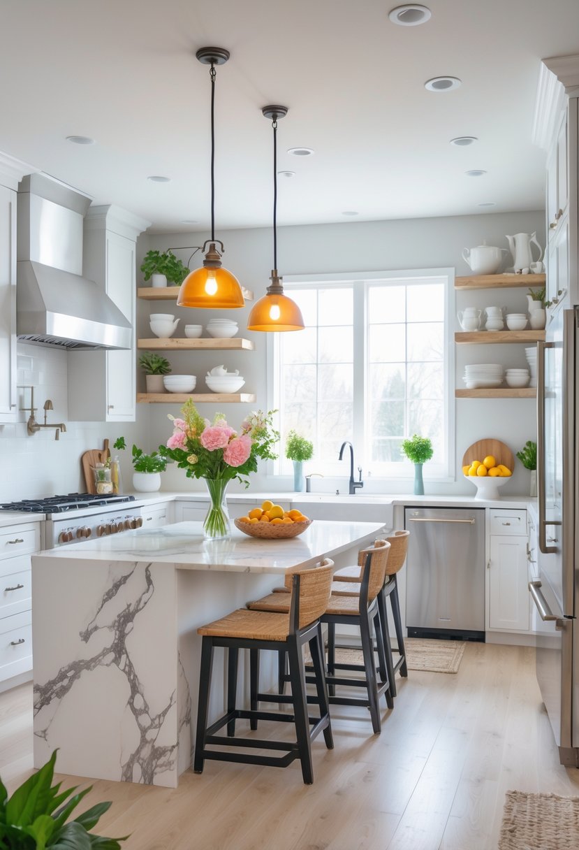 v2 15ugiw 8e4ab A modern kitchen with white cabinets, a marble island, stainless steel appliances, pendant lights, and plants by a large window.