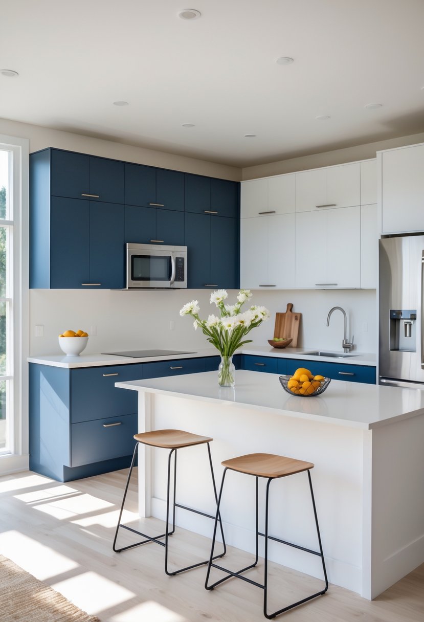 v2 15ugjs u2nbb A bright kitchen with navy blue upper cabinets and white lower cabinets, featuring a kitchen island and stainless steel appliances.
