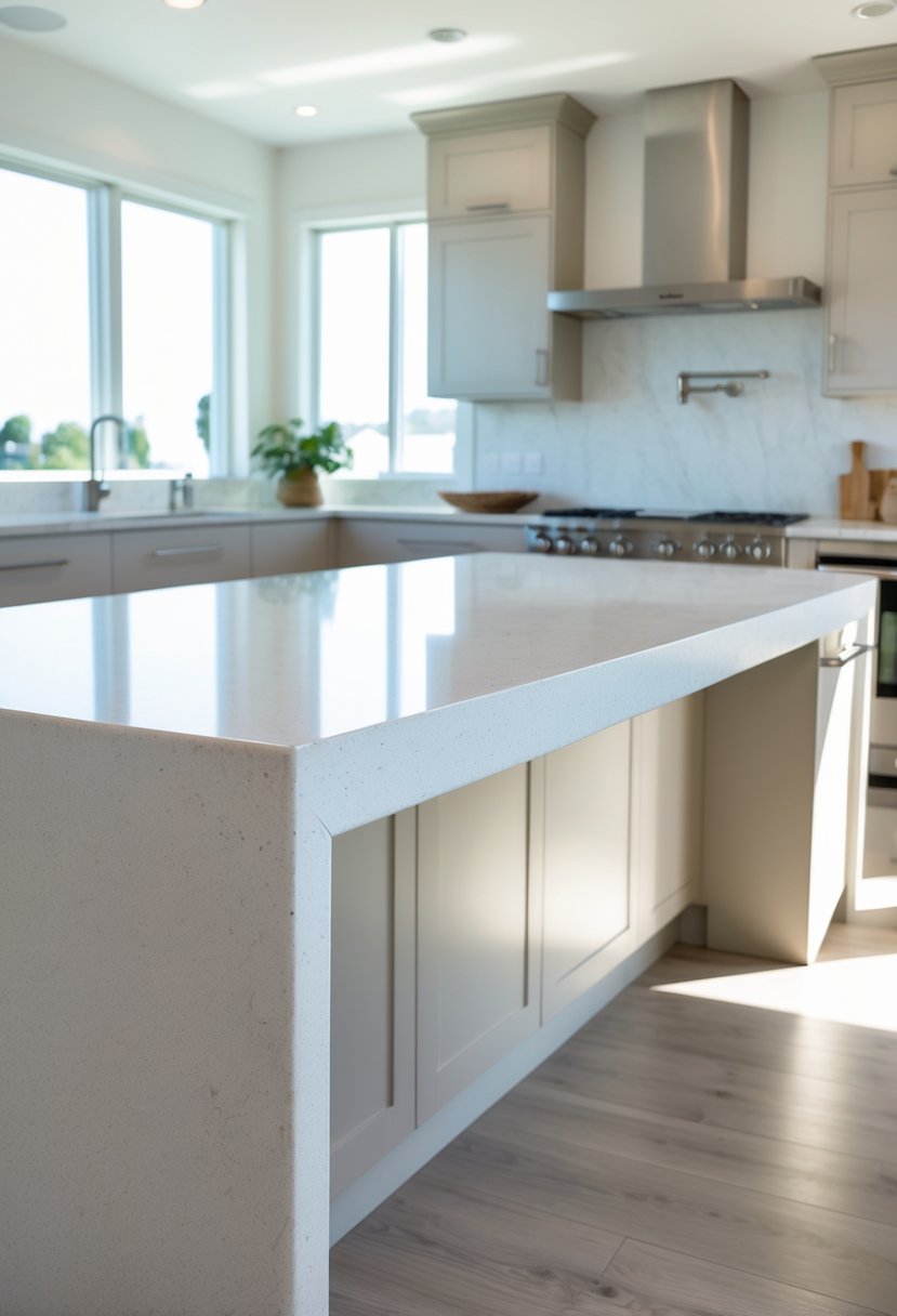 v2 15ugkj ptwt4 A modern kitchen with quartz countertops featuring a waterfall edge on the island, surrounded by cabinets and appliances.