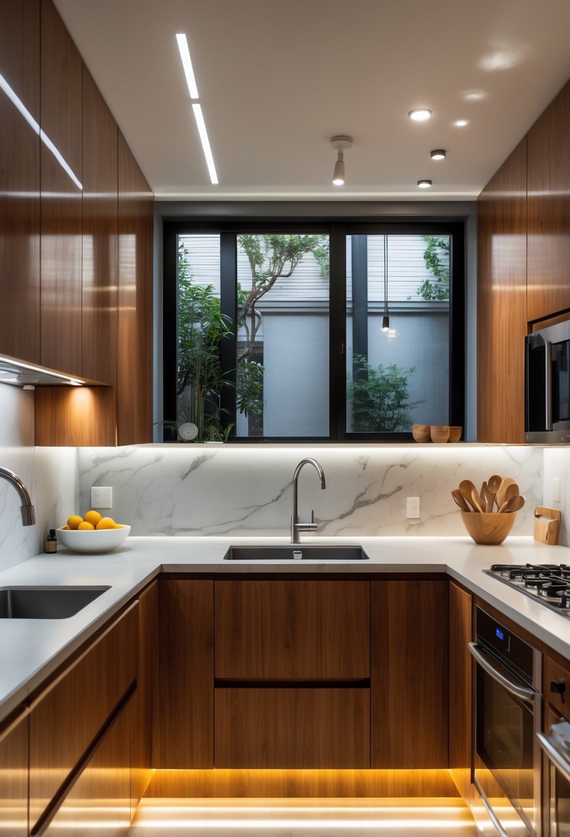 v2 15ugla 687pr A modern kitchen with under-cabinet LED lights illuminating the countertop and cabinets.