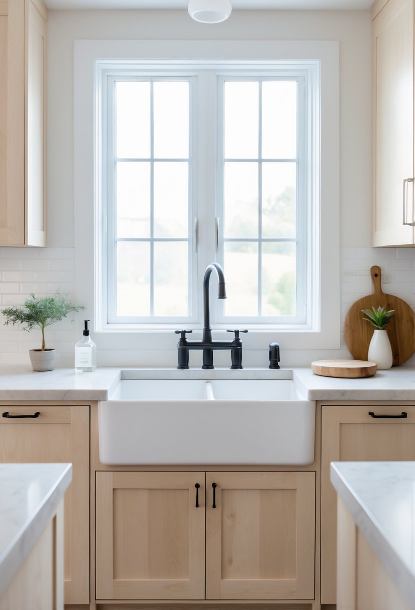 v2 15uglm ookjk A kitchen with a farmhouse apron front sink beneath a window, surrounded by light wood cabinets and minimal decor.