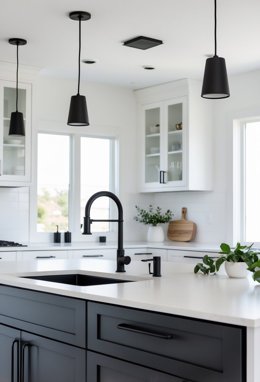 v2 15ugm0 mmr88 A modern kitchen with matte black cabinet handles, faucets, and light fixtures against white cabinetry and countertops.