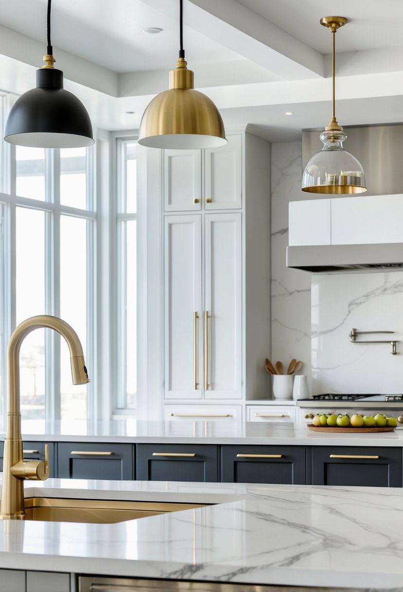 v2 15ugmd mt0vw A modern kitchen with mixed metal finishes on lighting fixtures and cabinet handles, featuring a marble countertop and stainless steel appliances.