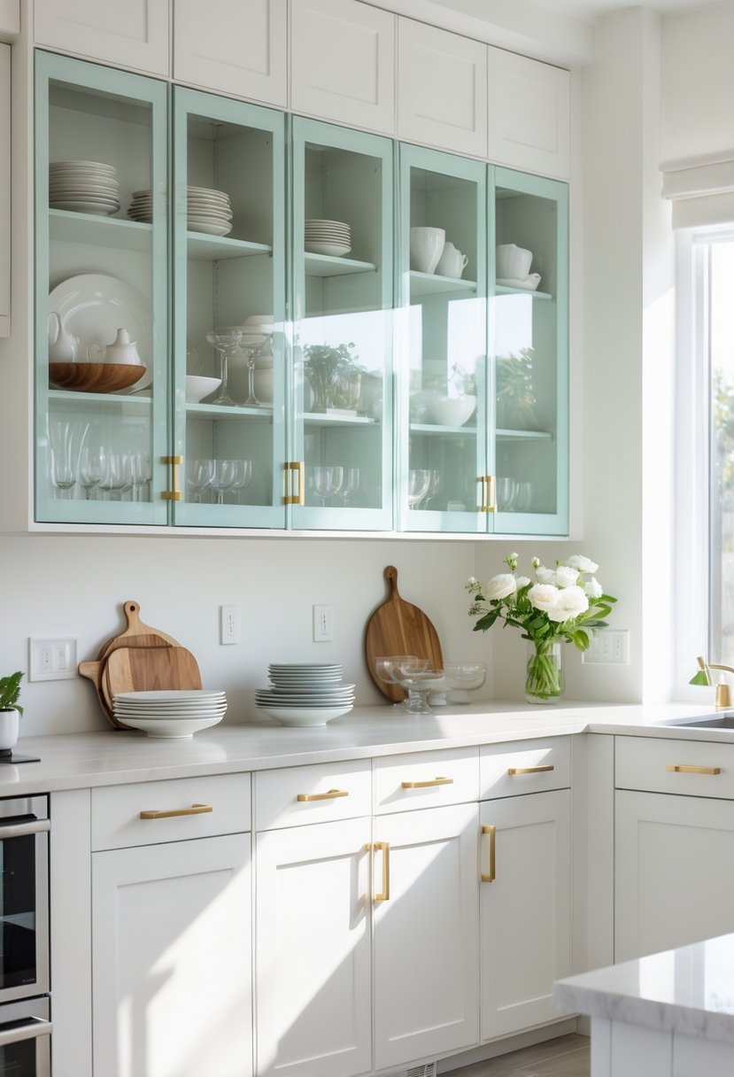 v2 15ugmp pihmh A modern kitchen with glass-front upper cabinets displaying dishware and glassware, bright and neatly organized.