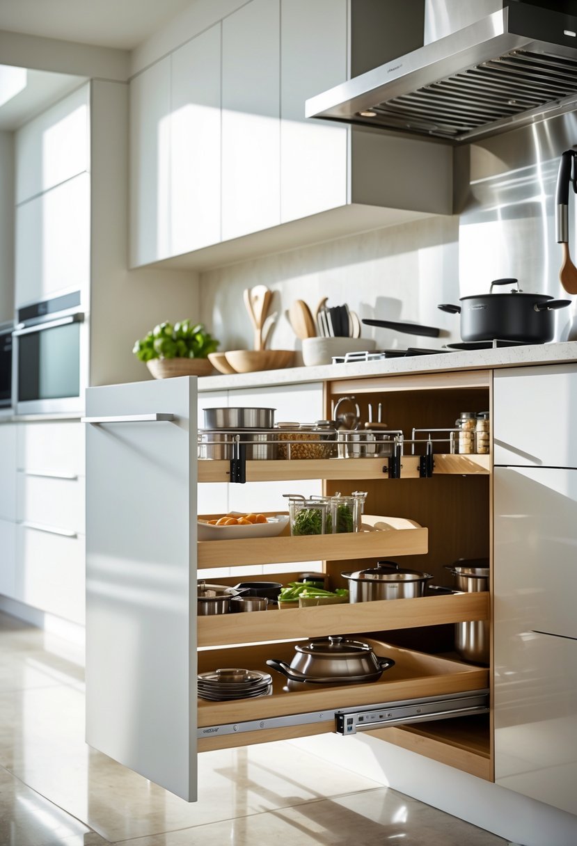 v2 15ugn2 meeht Open base cabinet in a modern kitchen displaying organized hidden storage compartments with kitchen utensils and cookware.