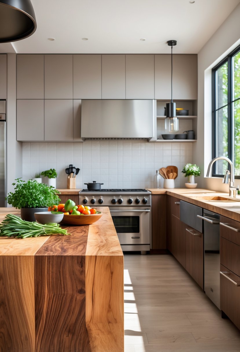 v2 15ugnu A modern kitchen with wooden butcher block countertops, stainless steel appliances, and natural light coming through large windows.